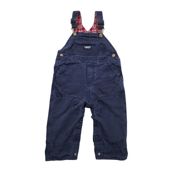 Oshkosh B'Gosh Vestback Overall 12mo Toddler Boy Girl Blue Lined Red Plaid Snaps - Picture 1 of 11